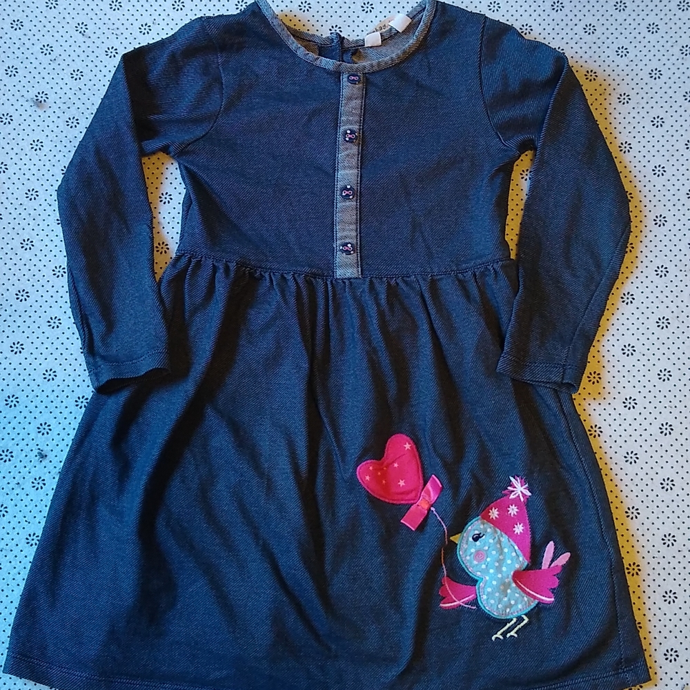 Beebay Girl's Blue Twill Bird Button Dress 5 years old
